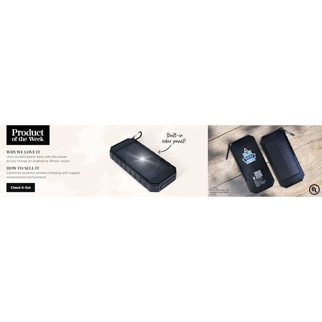 UL Listed 10000  IPX5 Solar 15W Wireless Power Ban